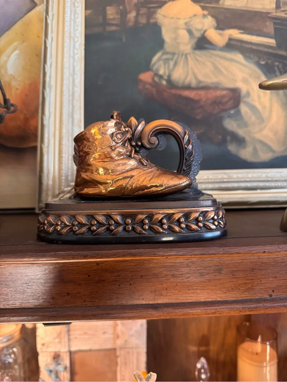 Antique-Style Decorative Baby Boots bookends (pair)  in Metallic Copper